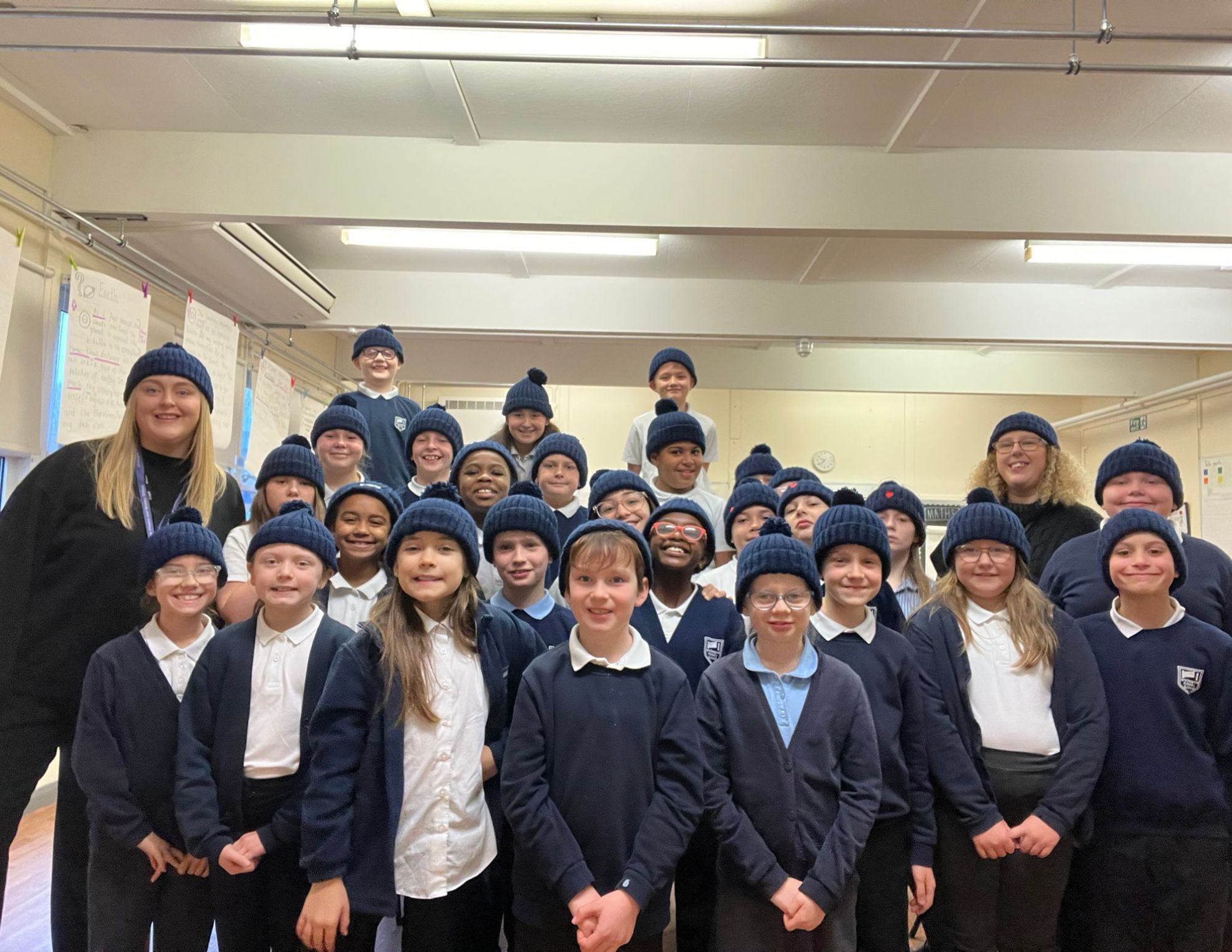 Clifton teacher and nan knit hats for pupils