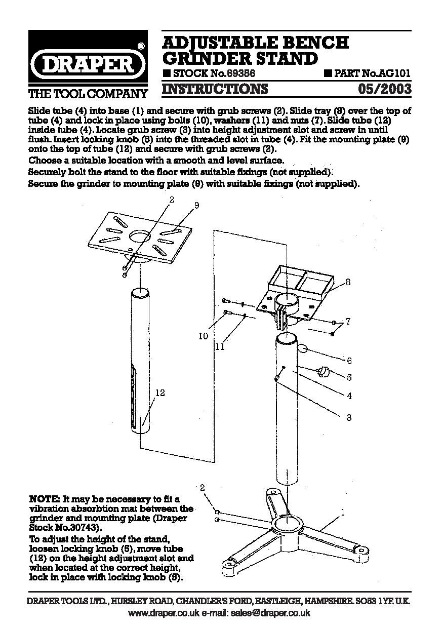 Adjustable Bench Grinder Stand Draper AG101 / 69356