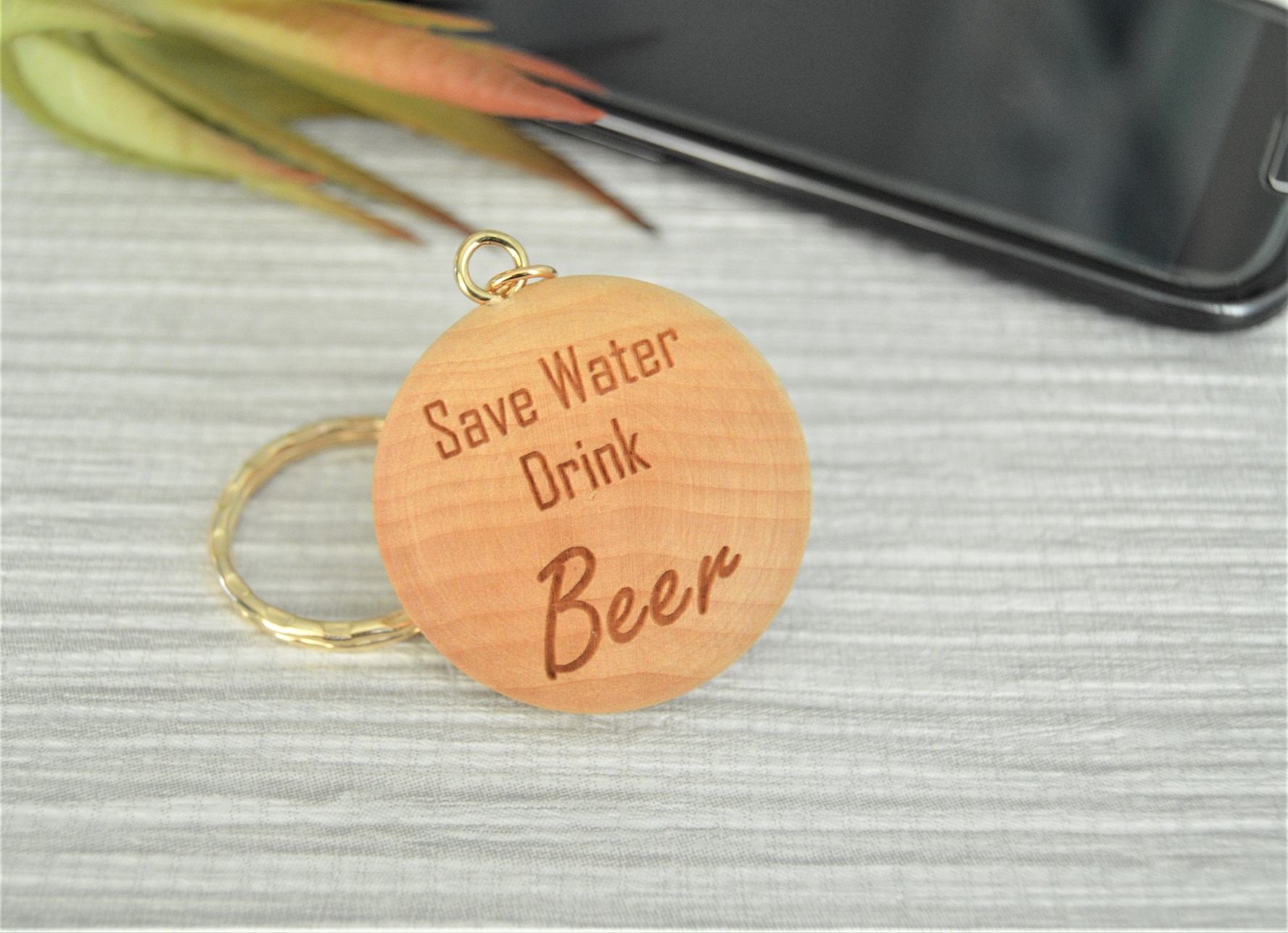 Laser Engraved Wooden Keyring Alcohol Save Water Drink...