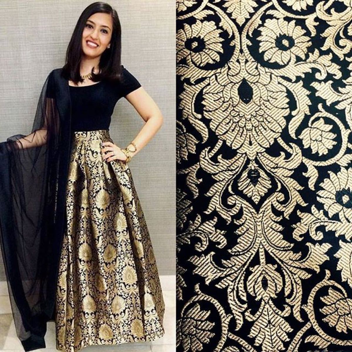 brocade box pleated long skirt