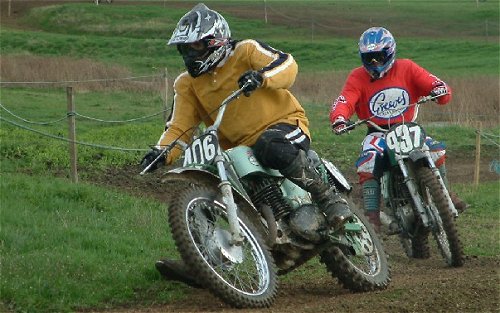 Michael's father, Paul, 406, on his 250cc Greeves Challenger MX5 followed by 437 Paul Bedwell aboard his Challenger.