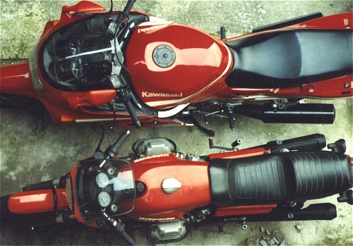 Exotic Location 5: Underneath the bedroom window. Note the Guzzi's sticky out brake pedal, and the tucked in replacement. Interestingly, I've still got one of these bikes. You guess which one...