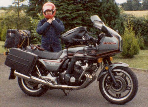 John's wife Carol buckles up prior to setting off for Austria on the CBX1000-C