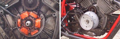 Rewound stator (left) and very clean, very magnetic flywheel (right)