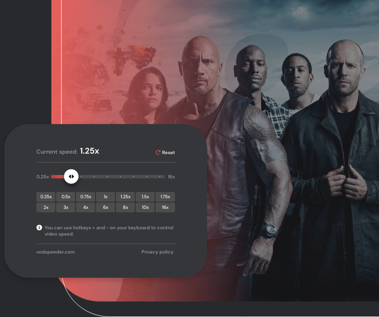 Speeder Adjust playback speed on Netflix, PrimeVideo, Disney+, Hulu
