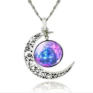 Crescent Moon Galaxy Universe Glass Cabochon Pendant Necklace Great Gifts