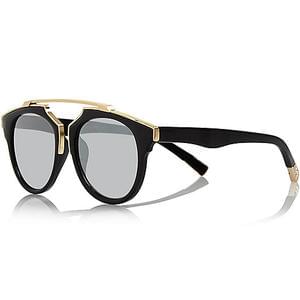 Black round brow-bar mirrored sunglasses
