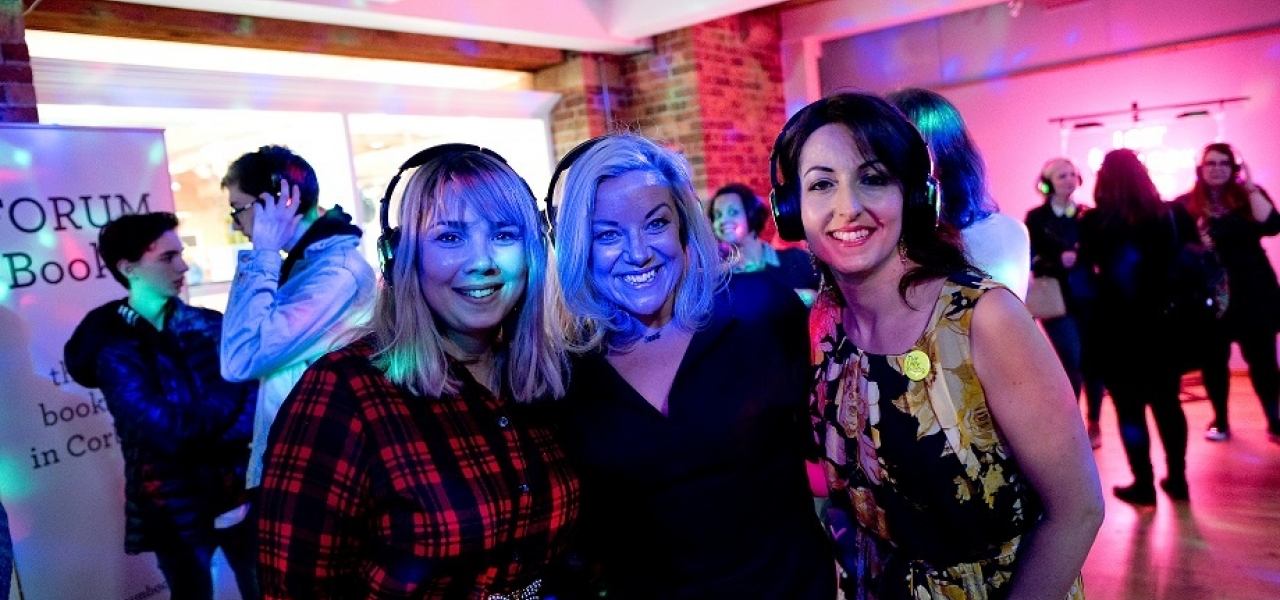 Women in silent disco at Biscuit Factory