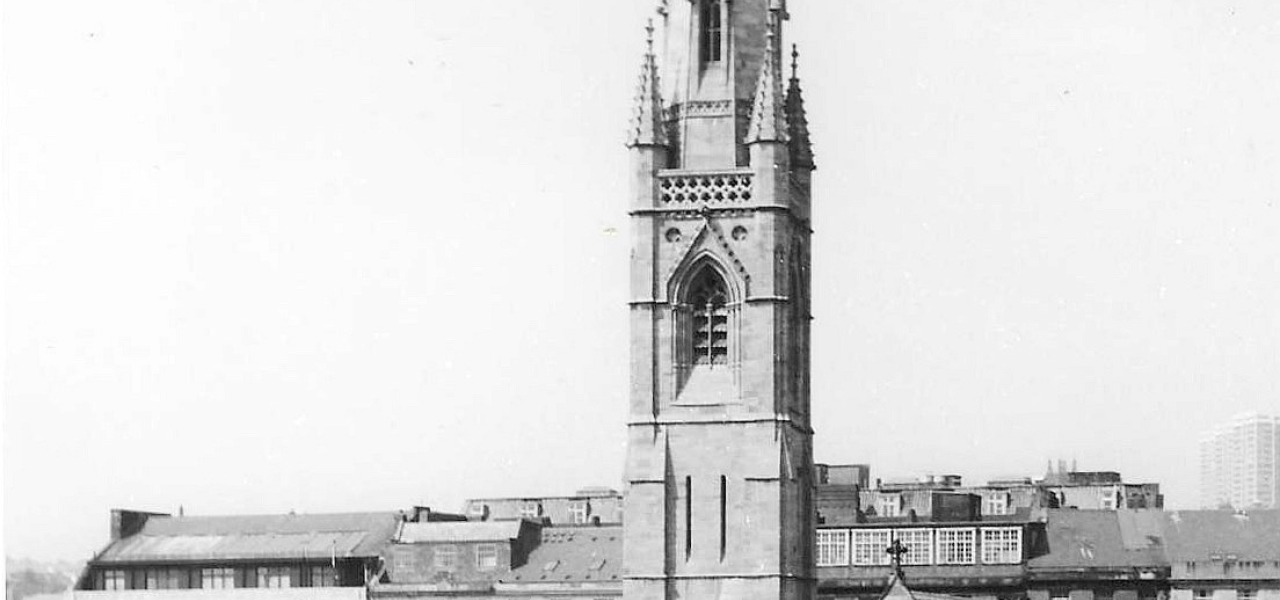 Exterior historic black and white shot of cathedral