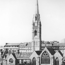 Exterior historic black and white shot of cathedral