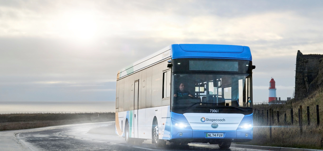 Electric Bus on the Coast Road heading north to South Shields passing Souter Lighthouse