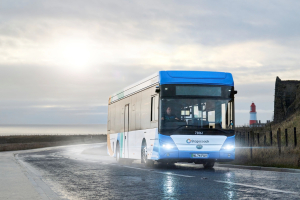 Electric Bus on the Coast Road heading north to South Shields passing Souter Lighthouse