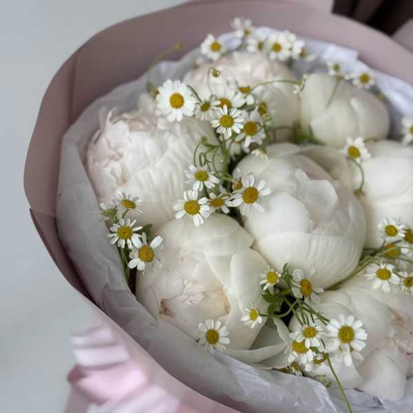 Букет из пионов Мадам Клод Тэн и танацетума