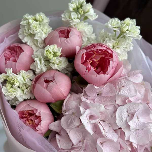 Нежный букет из гортензии, пионов Салмон и ветвистой маттиолы