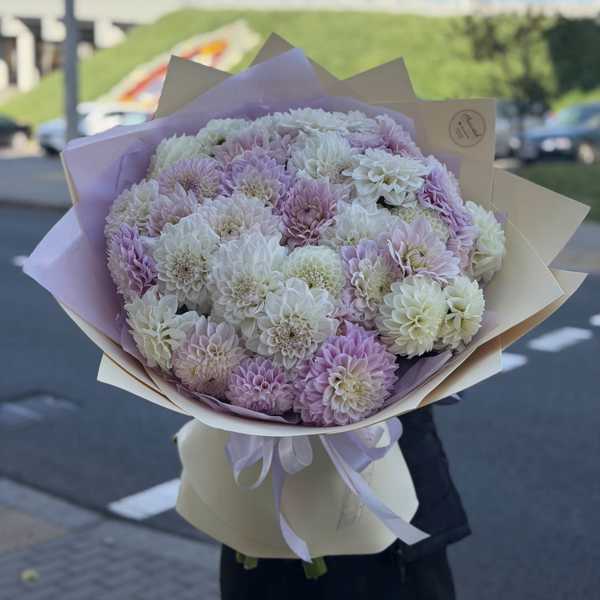 Эффектный букет из розовых Сноха Соня и белых Бум Бум Вайт георгин