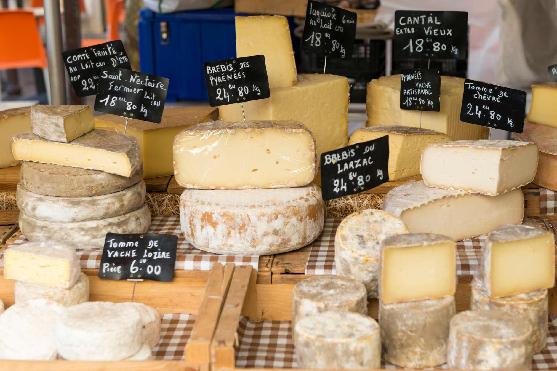 Selection of cheeses at a French food market