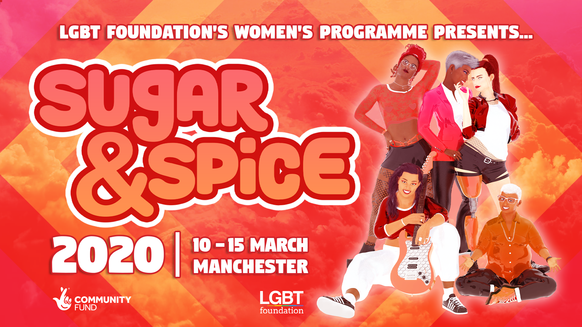 Red and orange cloud background with text overlay "LGBT Foundation's Women's Programme presents Sugar & Spice" with a group of 5 womxn to the right hand side, two are sitting on the ground