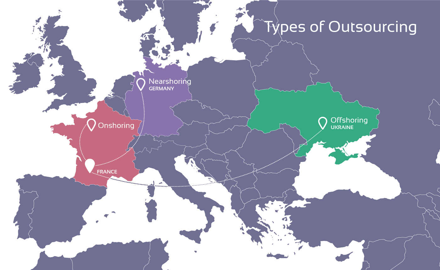 Onshoring, nearshoring and offshoring Map comparing onshore and nearshore to offshore