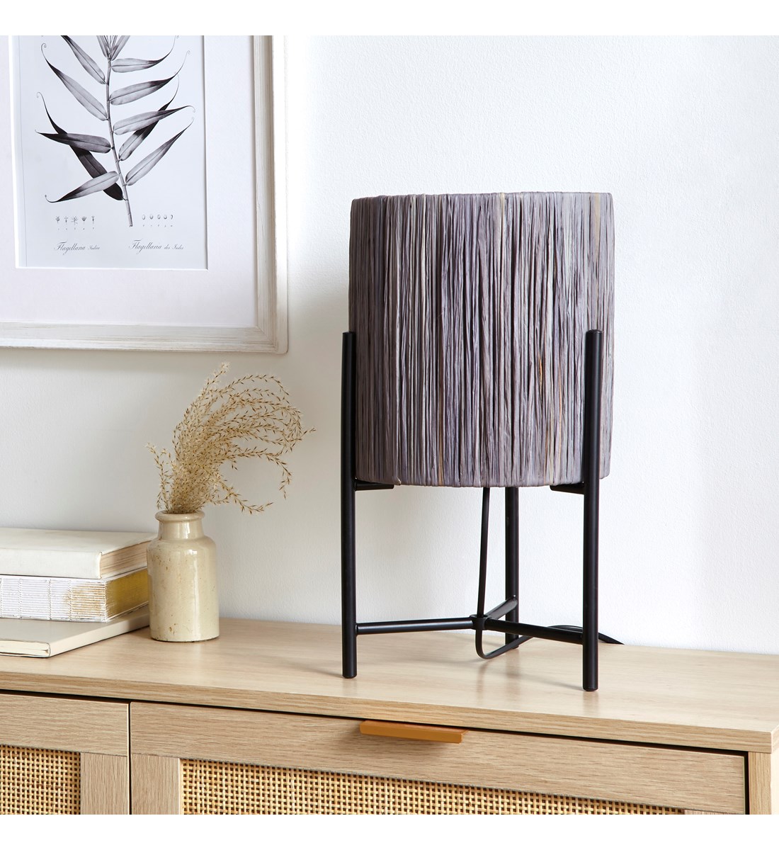 Raff Table Lamp Black Base and Grey Shade Woven Raffia Table Lamp