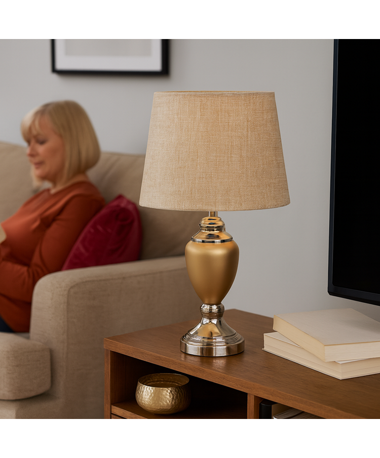 Malham Ceramic Table Lamp with Matching Shade - Champagne Gold & Satin Silver Malham Ceramic Table Lamp with Matching Shade - Champagne Gold & Satin Silver