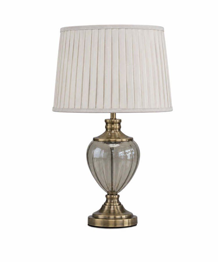 Hepburn Large Amber Glass Antique Brass Table Lamp with Cream Pleat Shade