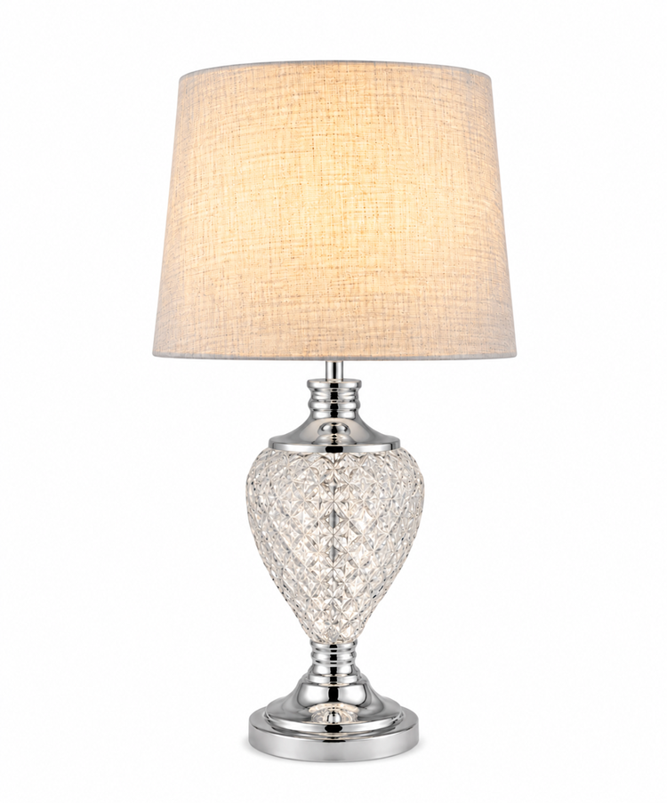 Hepburn Large Crystal Glass Table Lamp with Matching Grey Linen Shade - Silver