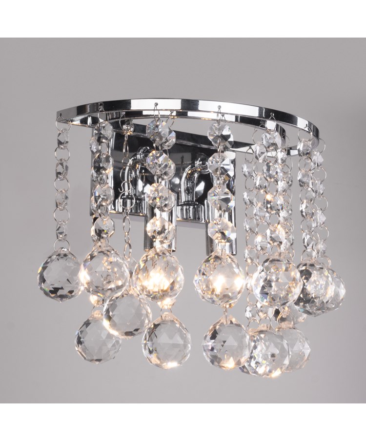 Senza Chrome & Crystal Ball Droplets Double Wall Light - Modern Wall Fixture Senza Chrome & Crystal Ball Droplets Double Wall Light - Modern Wall Fixture