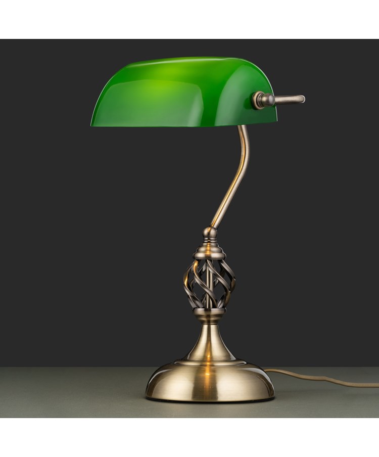 Kingswood Barley Twist Traditional Bankers Lamp - Antique Brass - Green Glass Kingswood Barley Twist Traditional Bankers Lamp - Antique Brass - Green Glass