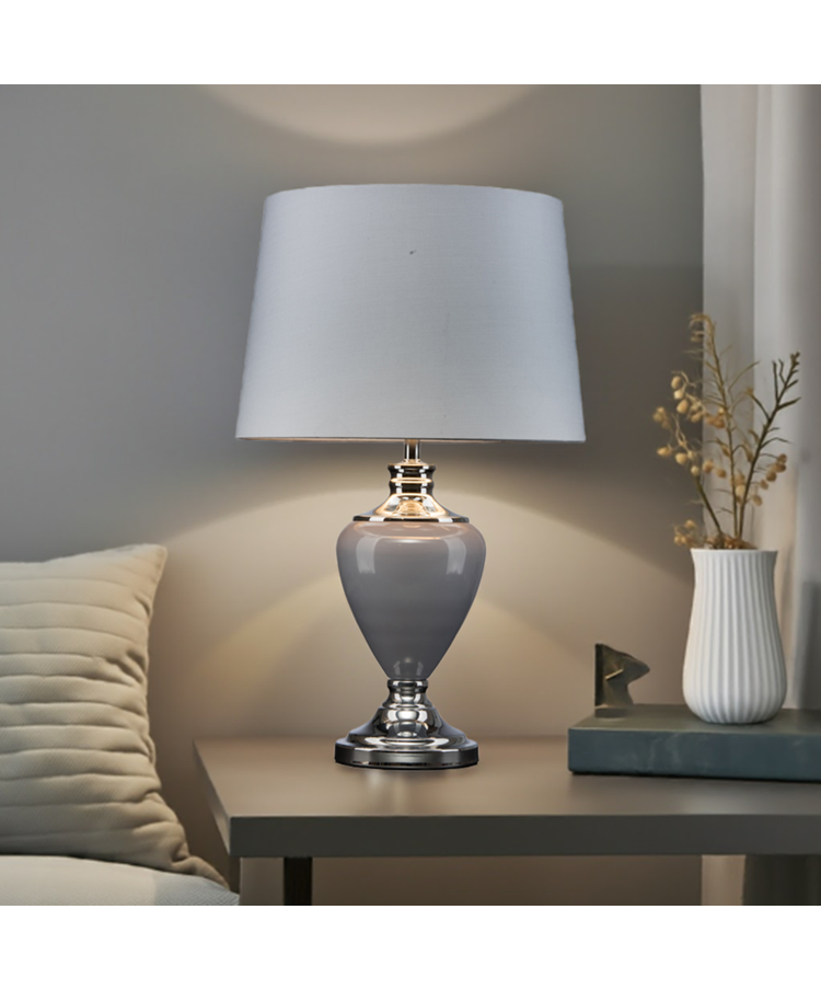 Hepburn Large Ceramic Table Lamp With Matching Shade - Modern Grey & Silver Hepburn Large Ceramic Table Lamp With Matching Shade - Modern Grey & Silver