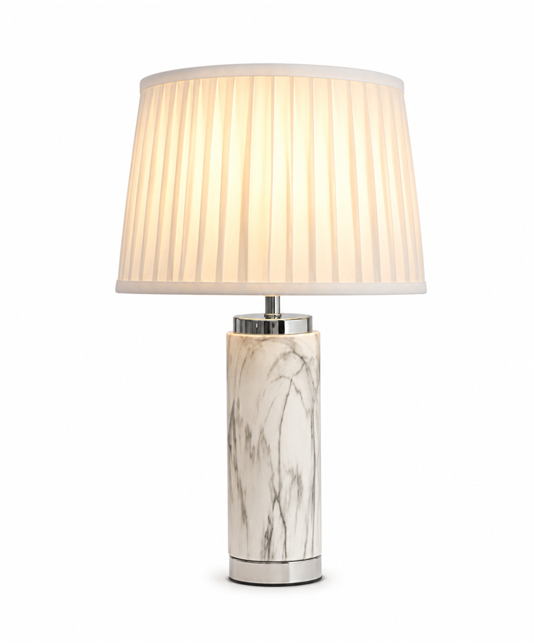 Cylinder Grey Marble Effect Table Lamp with Ivory Pleat Shade Cylinder Grey Marble Effect Table Lamp with Ivory Pleat Shade