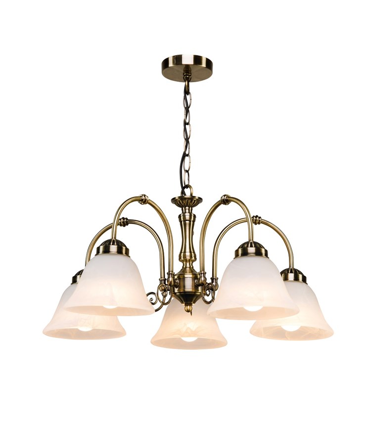 Elegant Diner Ceiling 5 Light Pendant - Antique Brass - Alabaster Glass
