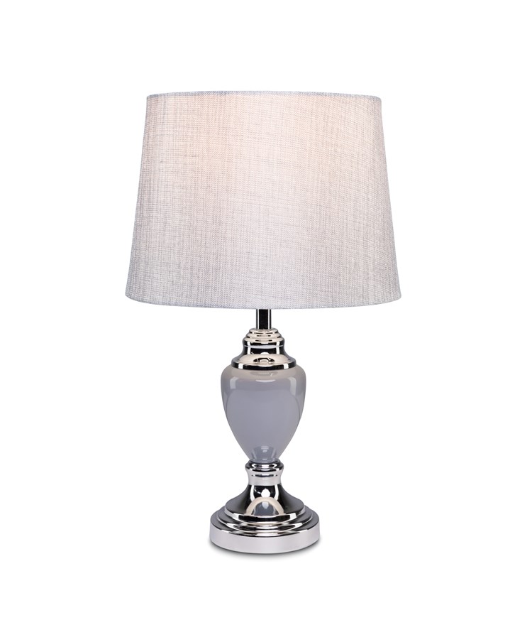 Malham Grey Ceramic & Chrome Modern Table Lamp With Hessian Drum Shade