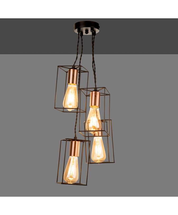Riva Cluster Ceiling Pendant Light - Black & Copper Cascading 4-Light Design Riva Cluster Ceiling Pendant Light - Black & Copper Cascading 4-Light Design
