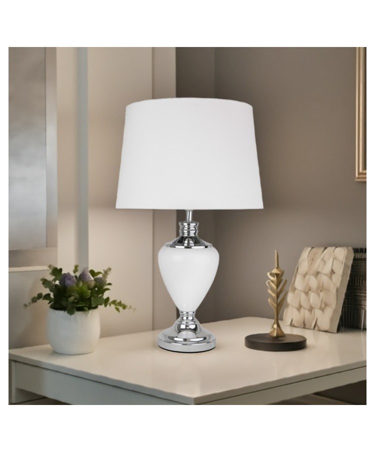 Hepburn Large Ceramic Table Lamp With Matching Shade - Modern White & Chrome Hepburn Large Ceramic Table Lamp With Matching Shade - Modern White & Chrome