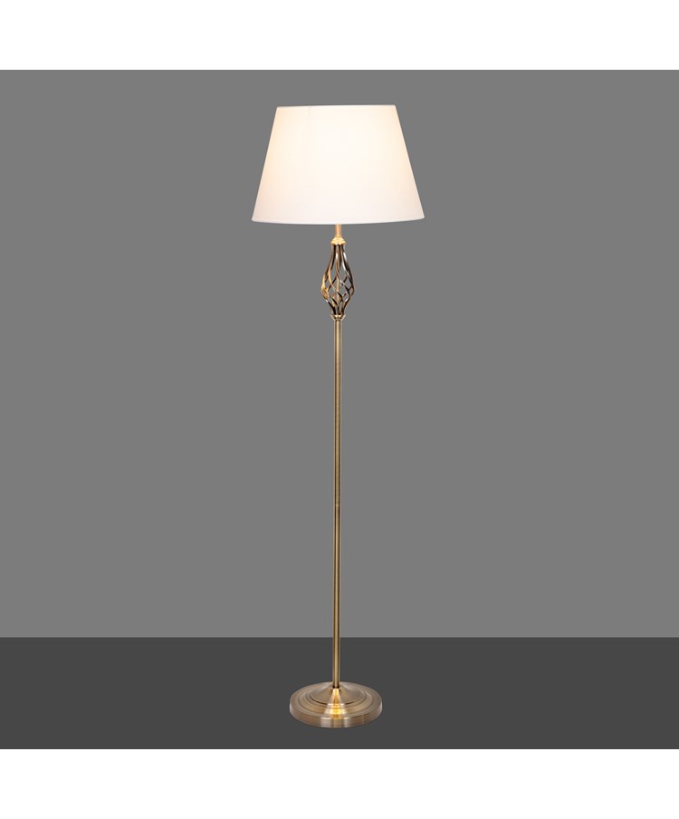 Queenswood Antique Brass Floor Lamp with Ivory Linen Shade Queenswood Antique Brass Floor Lamp with Ivory Linen Shade
