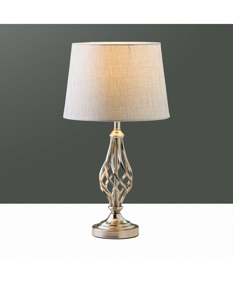 Queenswood Classic Barley Twist Table Lamp with Grey Linen Shade - Silver Chrome Queenswood Classic Barley Twist Table Lamp with Grey Linen Shade - Silver Chrome