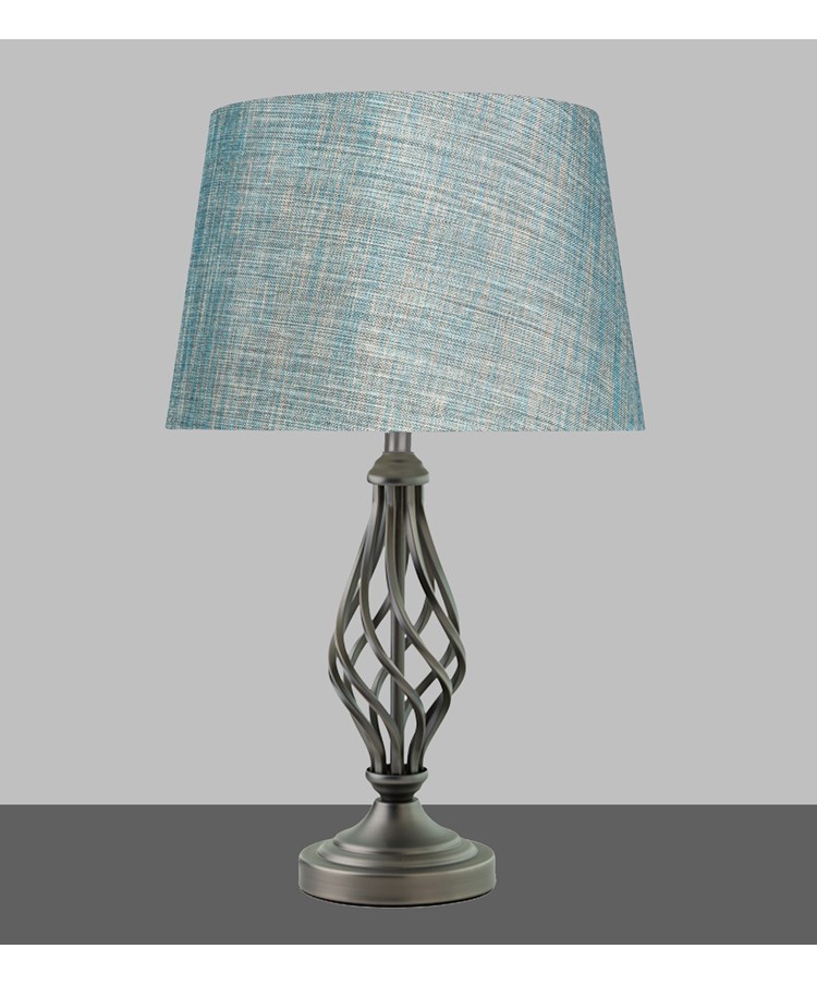 Queenswood Barley Twist Table Lamp with Blue Gold Drum Shade - Pewter Queenswood Barley Twist Table Lamp with Blue Gold Drum Shade - Pewter