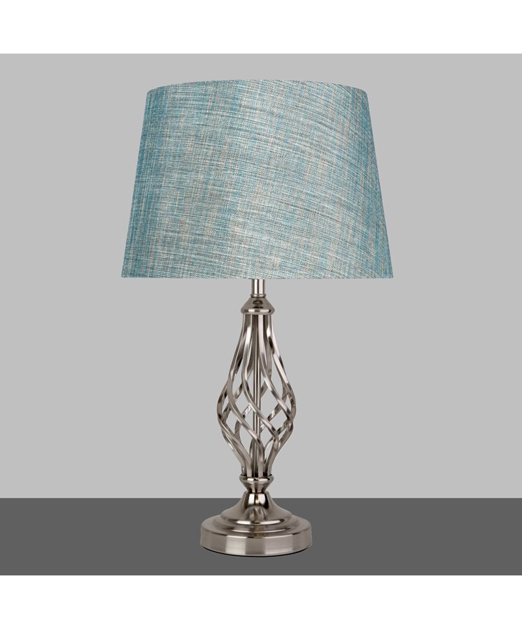 Queenswood Barley Twist Table Lamp with Blue Gold Linen Shade - Silver Chrome Queenswood Barley Twist Table Lamp with Blue Gold Linen Shade - Silver Chrome