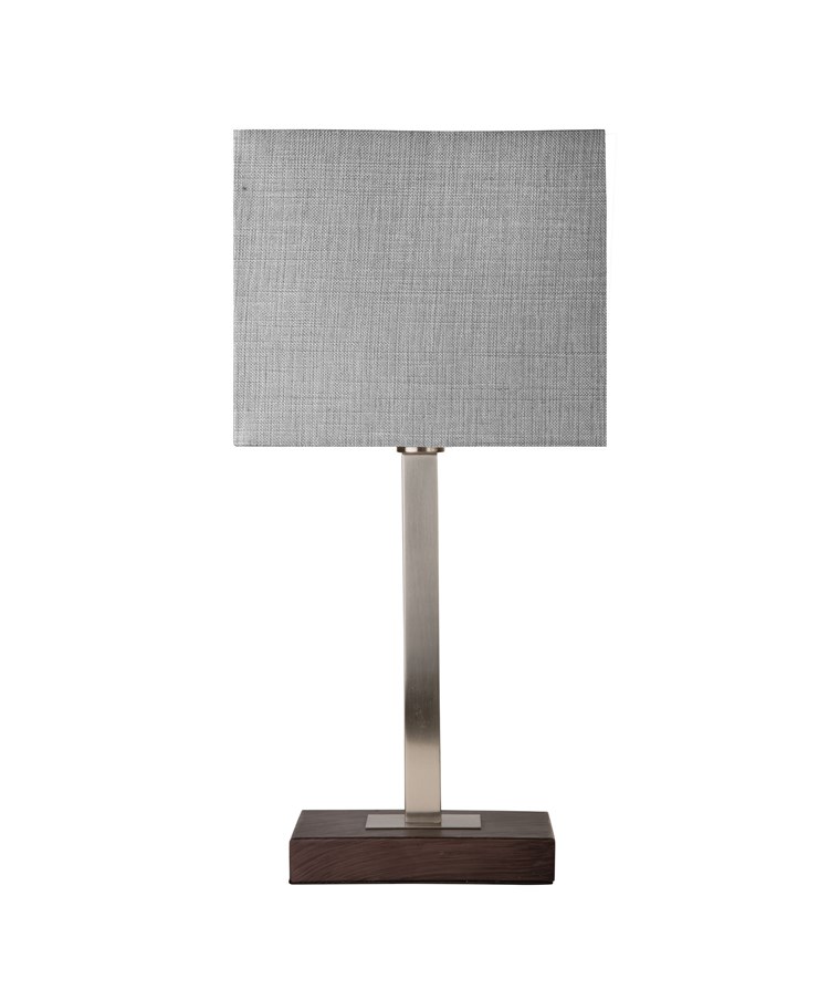 Medici Modern Rectangular Silver & Dark Wood Table Lamp - Grey Hessian Shade