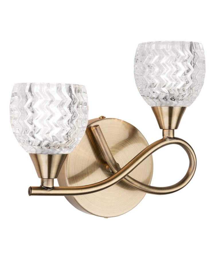 Hendon Antique Brass Twin Double Wall Light with Crystal Glass Shades