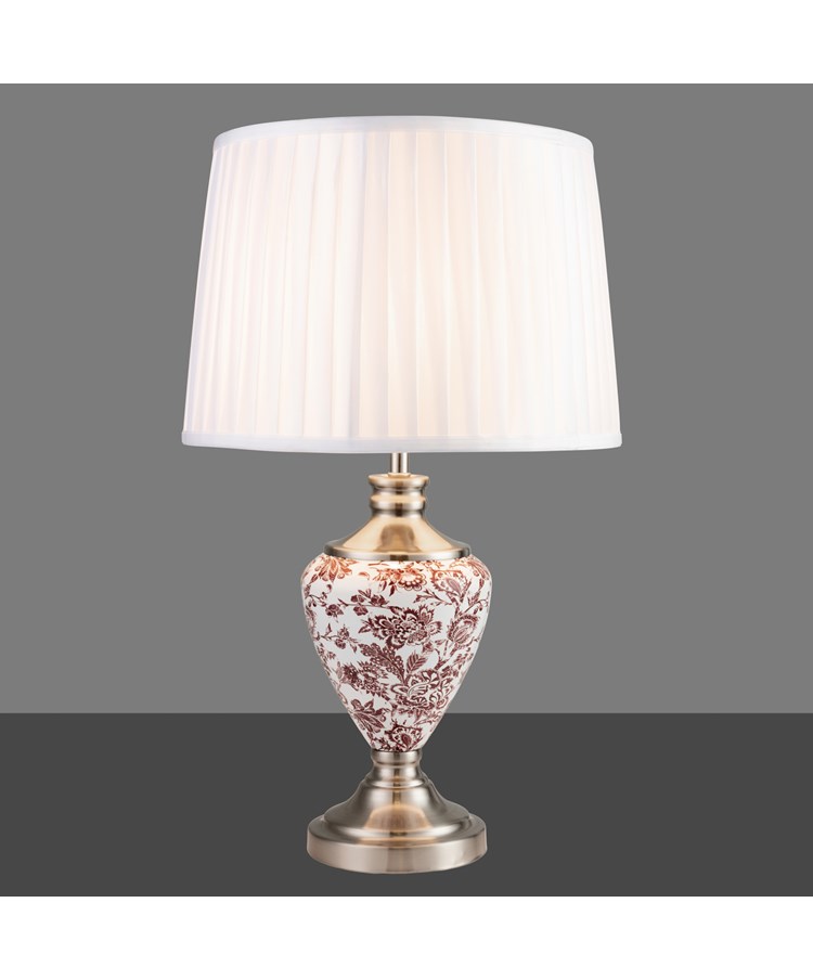 Hepburn Large Ceramic Table Lamp with Ivory Pleated Shade - Red Print & Silver Hepburn Large Ceramic Table Lamp with Ivory Pleated Shade - Red Print & Silver