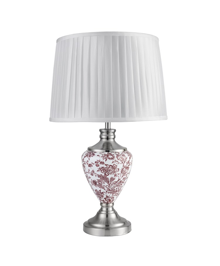 Hepburn Large Ceramic Table Lamp with Ivory Pleated Shade - Red Print & Silver