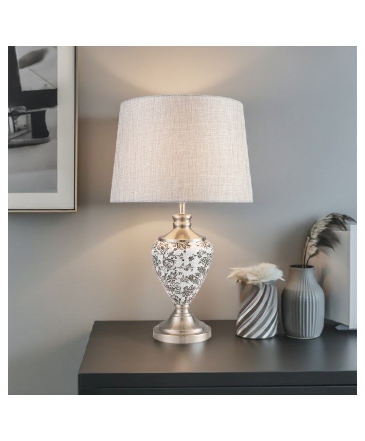 Hepburn Large Printed Ceramic Table Lamp with Grey Shade - Black Print & Silver Hepburn Large Printed Ceramic Table Lamp with Grey Shade - Black Print & Silver