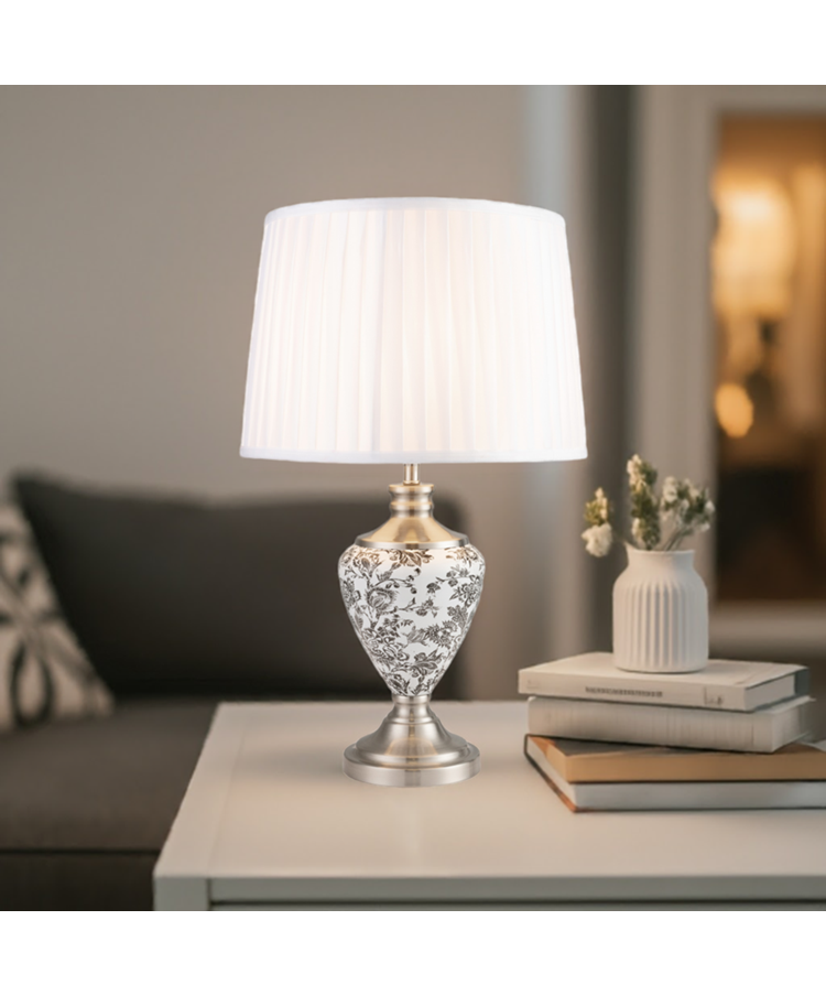 Hepburn Large Ceramic Table Lamp with Ivory Pleat Shade - Black Print & Silver Hepburn Large Ceramic Table Lamp with Ivory Pleat Shade - Black Print & Silver