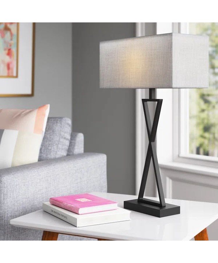 Large X Style Modern Rectangle Statement Table Lamp with Grey Shade - Black Large X Style Modern Rectangle Statement Table Lamp with Grey Shade - Black