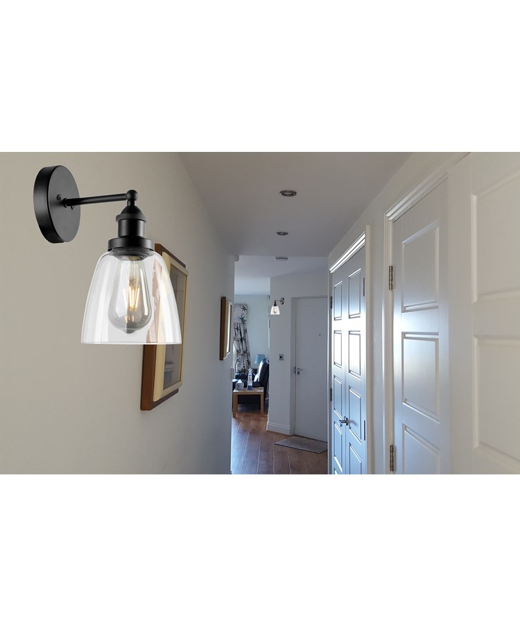 Echo Black Unswitched Modern Industrial Wall Light - Clear Glass Shade Echo Black Unswitched Modern Industrial Wall Light - Clear Glass Shade
