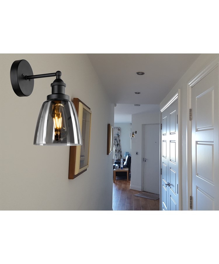 Echo Black Unswitched Modern Industrial Wall Light - Smoked Glass Shade Echo Black Unswitched Modern Industrial Wall Light - Smoked Glass Shade