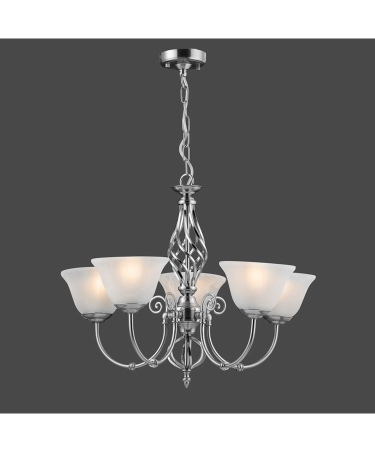 Kingswood 5 Light Ceiling Light with Alabaster Glass Shades - Satin Silver Kingswood 5 Light Ceiling Light with Alabaster Glass Shades - Satin Silver