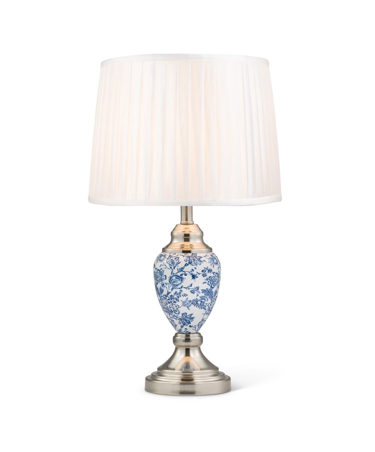 Malham Small Table Lamp with Matching Shade - Modern White, Blue, Silver Malham Small Table Lamp with Matching Shade - Modern White, Blue, Silver