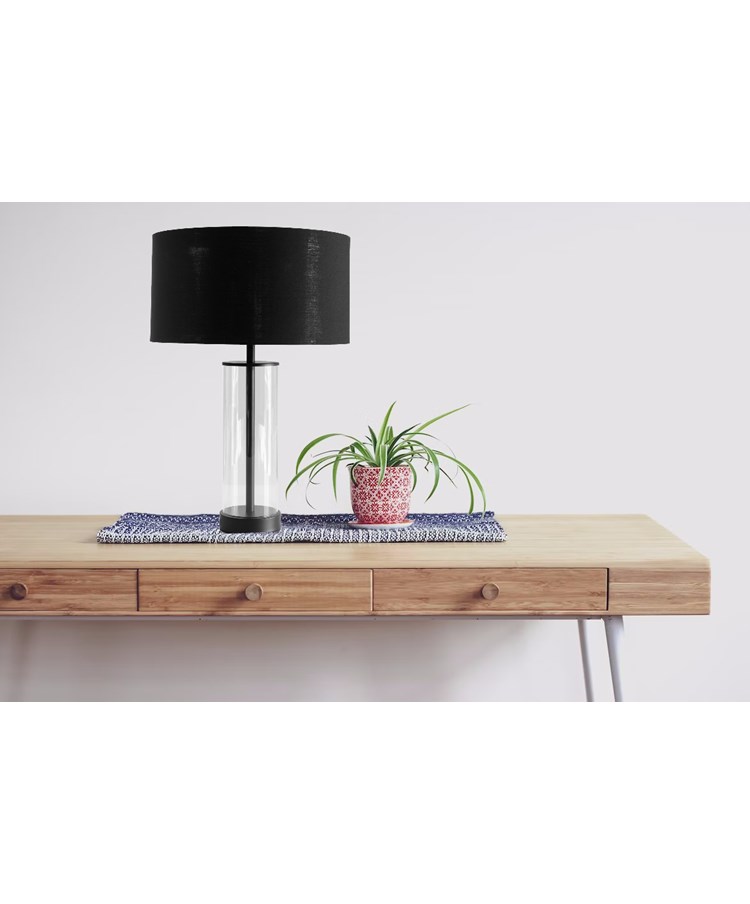 Arezo Black Glass Cylinder Table Lamp CW Gold Lined Black Shade Arezo Black Glass Cylinder Table Lamp CW Gold Lined Black Shade